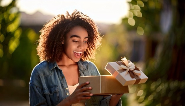 Woman opening gift excited about her new wish list