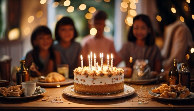 childrens birthday showing a birthday cake with kids in background