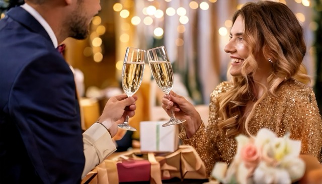 couple at wedding with gifts in background with champaign glasses